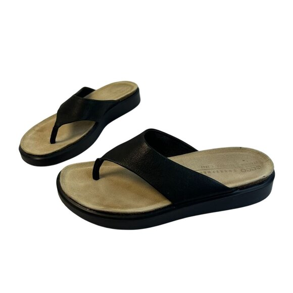 Ecco Women's Corksphere Black Leather Thong Sandals Slip On Comfort Shoe Size 8 - Picture 1 of 13